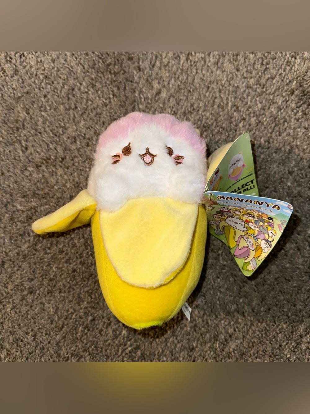 Bananya Yellow Banana Plush with Pink-Top White Cat NWT